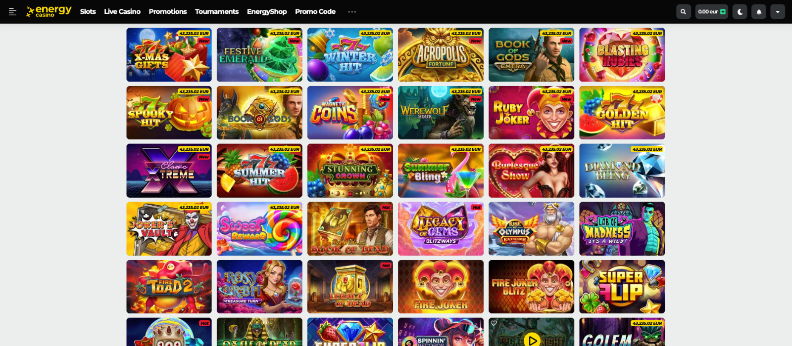 EnergyCasinos spillobby med svart toppmeny, gule detaljer og spilleautomater.