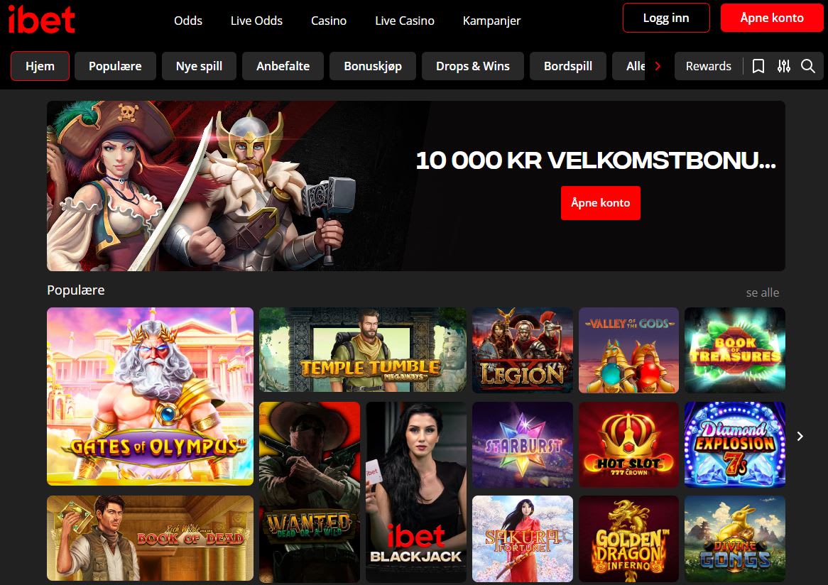 iBets norske casinoforside med rød og svart utforming og spillutvalg.