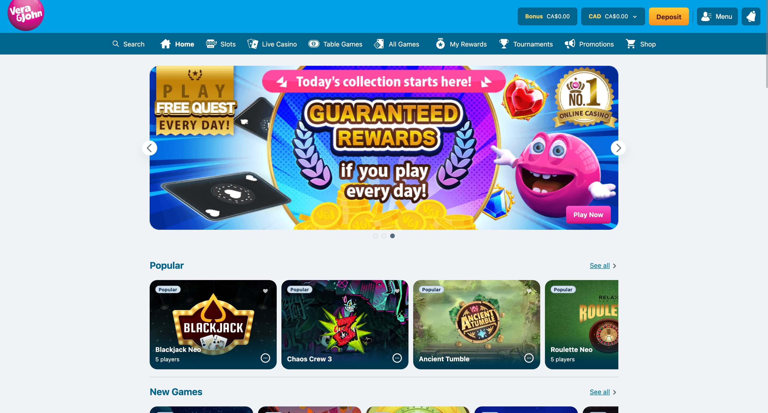 Vera&Johns kanadiske casinoforside med spillmeny, kampanjebanner og spillobby.