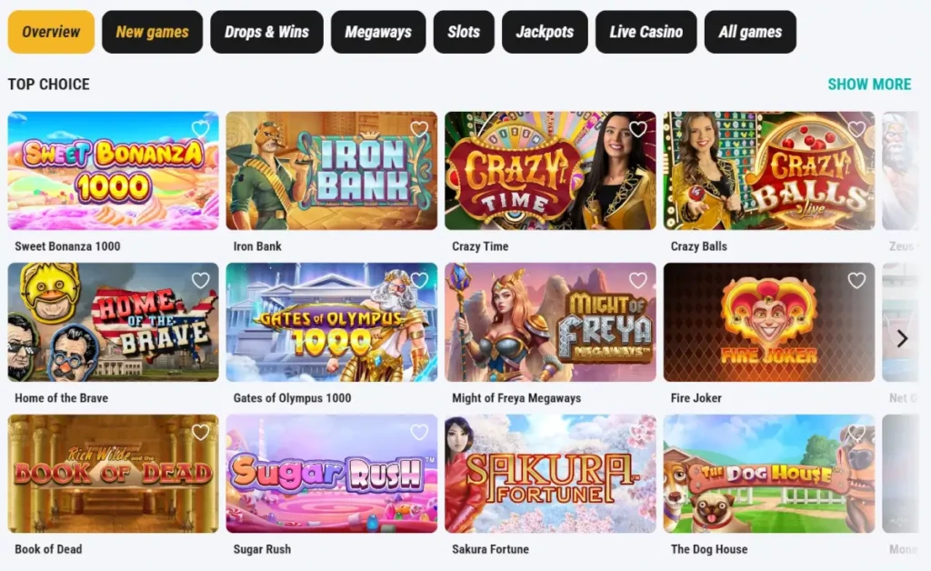 Spillobbyen hos Vinn Casino med kategorier og spilleautomater.